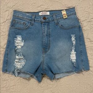 Vibrant Light Blue Distressed High-Rise Jean Shorts